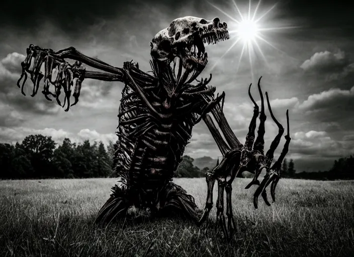 Image similar to an incredibly scary and very very unique monster creature with animal, treelike and skeletal characteristics, symmetry, ancient folk legend in a meadow, extremely creative, detailed, gloomy, flash, lens flare, 1 8 mm lens, digital medium format professional photography