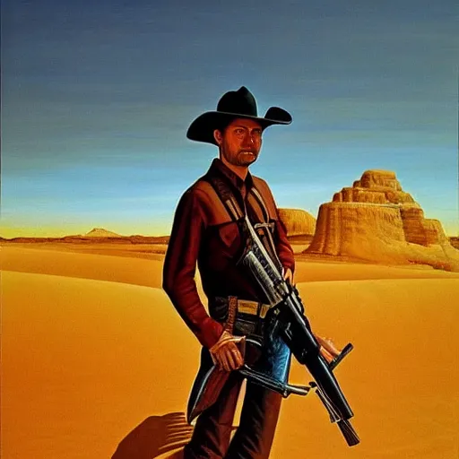 Prompt: Painting of a cowboy with a gun in the middle of the desert High Quality detailed by Barclay Shaw