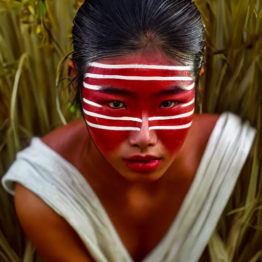 Image similar to portrait of a stunningly beautiful asian tribal female, minimal red facepaint over the eyes in a stripe, depth of field, zeiss lens, detailed, symmetrical, centered, fashion photoshoot, by Annie Leibovitz and Steve McCurry, David Lazar, Jimmy Nelsson, Breathtaking, 8k resolution, extremely detailed, beautiful, establishing shot, artistic, hyperrealistic, beautiful face, octane render