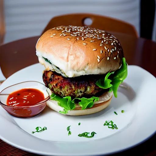 Prompt: delicate photo in restaurant menu showing squid burger combo that contains 3 pieces of crispy slug, natural sea salt eye balls, and choice of two slug infused sauces