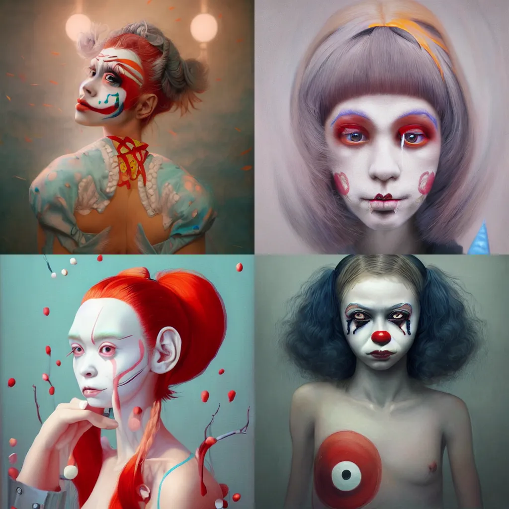 Image similar to breathtaking detailed painting of clown girl , with anxious, piercing eyes, Atari game cover art by Hsiao-Ron Cheng, James jean, Miho Hirano, Hayao Miyazaki, extremely moody lighting, hyperrealistic, octane render, RPG portrait, ambient light, dynamic lighting