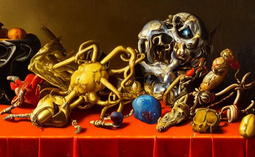 Image similar to disturbing colorful oil painting dutch golden age vanitas still life with bizarre objects strange gooey surfaces shiny metal bizarre insects rachel ruysch dali todd schorr very detailed perfect composition rule of thirds masterpiece canon 5 0 mm, cinematic lighting, photography, retro, film, kodachrome