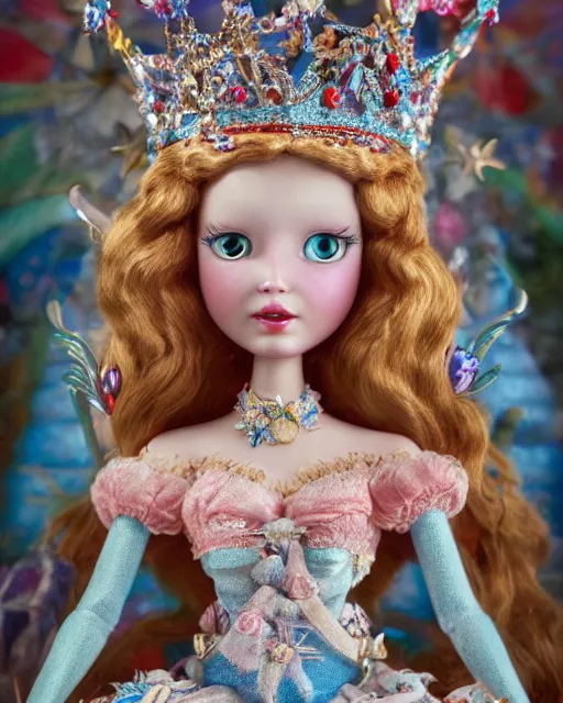 Image similar to highly detailed closeup, face profile portrait of a tin toy fairytale princess wearing a crown and sitting on a throne, bikini, depth of field, fashion photoshoot by nicoletta ceccoli, mark ryden, lostfish, dan decarlo, bob clampett, max fleischer, breathtaking, detailed and intricate environment, 8 k resolution, hyperrealistic, octane render