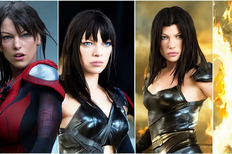 Image similar to Mila Jovovich as rinoa from final fantasy nime, kanye west as a japanese character Te Kā female lava and fire goddess character, character is in all its glory, Spiderman as electro