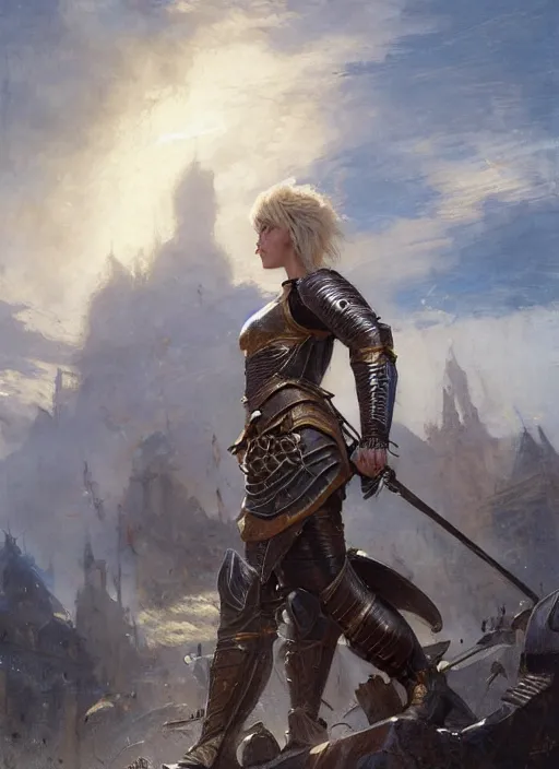 Image similar to short muscular blonde woman wearing realistic medieval armour, mackenzie davis, detailed by gaston bussiere, bayard wu, greg rutkowski, maxim verehin, greg rutkowski, masterpiece, sharp focus, cinematic lightning