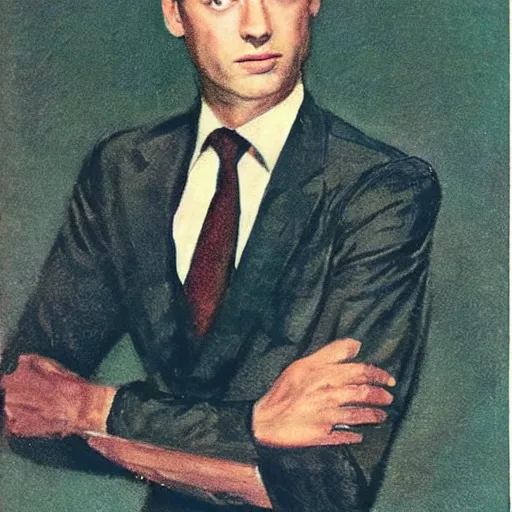 Image similar to “Jude Law portrait, color vintage magazine illustration 1950”