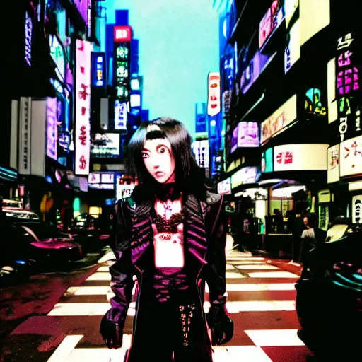 Image similar to gothic cyberpunk vampire in tokyo, vaporwave