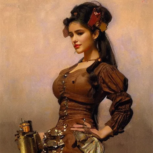 Prompt: Portrait of Ariana Grande in a steampunk blouse, vintage shading, by Ilya Repin