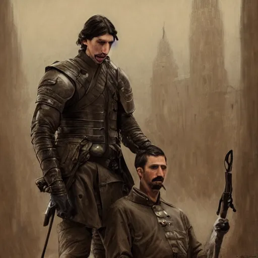 Image similar to portrait of adam driver helping a wounded john oliver, standing together, stoic, full body, military uniform, battle, war, fantasy, intricate, elegant, beautiful, highly detailed, charcoal, centered, dark, smokey, digital painting, artstation, concept art, smooth, sharp focus, illustration, art by artgerm and greg rutkowski and alphonse mucha