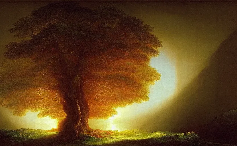 Image similar to a tree of omnious light painted by thomas cole