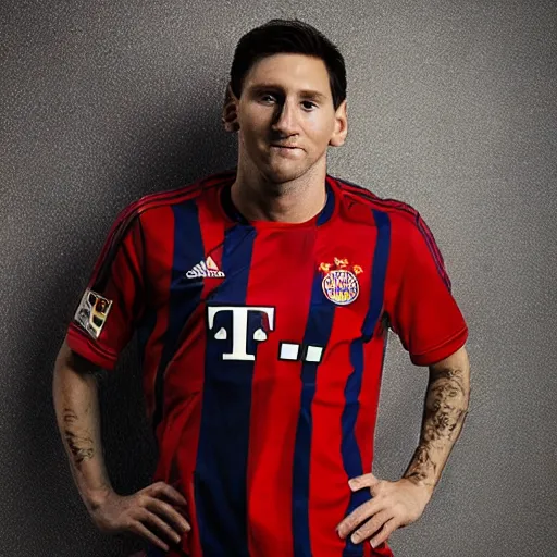 Prompt: a photography of Lionel Messi wearing a Bayern Munich jersey, red background, studio lighting