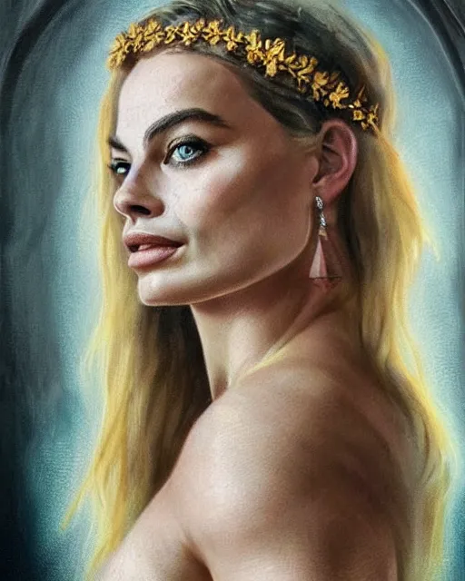 Image similar to realism tattoo sketch of margot robbie as a beautiful greek goddess aphrodite with piercing eyes wearing a laurel wreath and triangle earrings, in the style of greg rutkowski, amazing detail