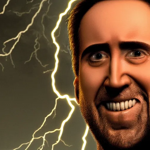 Prompt: closeup shot of nicolas cage with crazy grin and dramatic lightning and backlightning, highly detailed