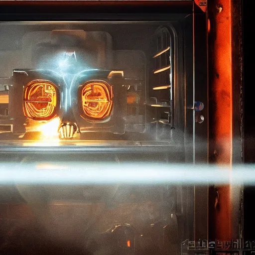 Image similar to head of toaster oven mecha, dark messy smoke - filled cluttered workshop, dark, dramatic lighting, orange tint, cinematic, highly detailed, sci - fi, futuristic, movie still