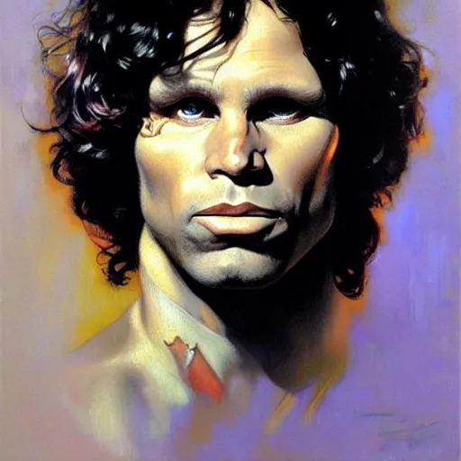 Image similar to exaggerated funny caricature portrait of jim morrison, detailed face, detailed painting, epic lighting, by ilya repin, phil hale and kent williams