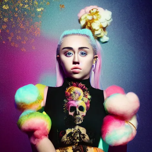 Prompt: “ 8 k, octane render, realism, tonalism, renaissance, rococo, baroque, portrait of miley cyrus wearing long - harajuku manga - dress with flowers and skulls, cotton candy!! ( background chaotic gold leaf flowers ) ”