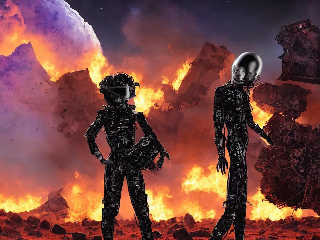 Image similar to portrait of a depressed teenager with emo haircut wearing gothy purple and black spandex suit, standing next to smashed burning spacecraft wreckage, on the orange surface of mars, highly detailed, dramatic lighting, photorealistic, cinematic