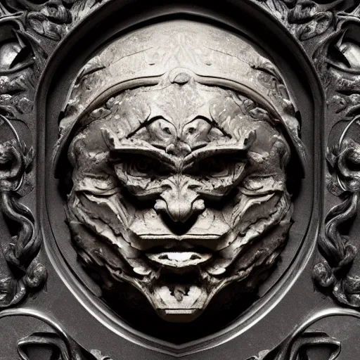 Prompt: a face extruding from a wall. black marble. gothic baroque. symmetry. epic. trending on artstation - n 4