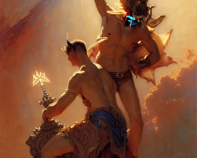 Image similar to attractive pagan male deity, summons handsome lucifer morning star. highly detailed painting by gaston bussiere, craig mullins, j. c. leyendecker 8 k