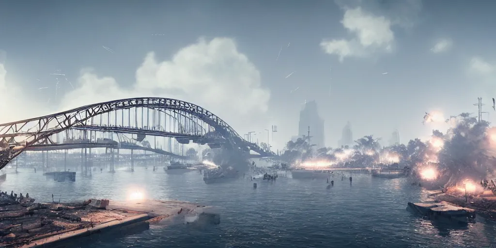 Image similar to explosions in the form of realistic white cotton plants on harbour bridge, huge white cotton everywhere on the destroyed harbour bridge, smooth, sharp focus, highly detailed, 3 d octane render, epic lighting, lots of white cotton, 8 k, by greg rutkowski