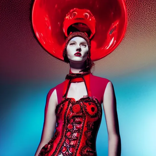 Image similar to female fashion model in year 3000 in a cave, model wearing a surreal Avant-garde helmet in red, dramatic lighting,photography , official Versace editorial , highly detailed