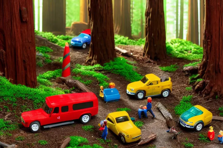 Image similar to fisher price redwood forest, california scene from tv show hyper detailed 5 5 mm 8 5 mm, toy photography, made out of plastic