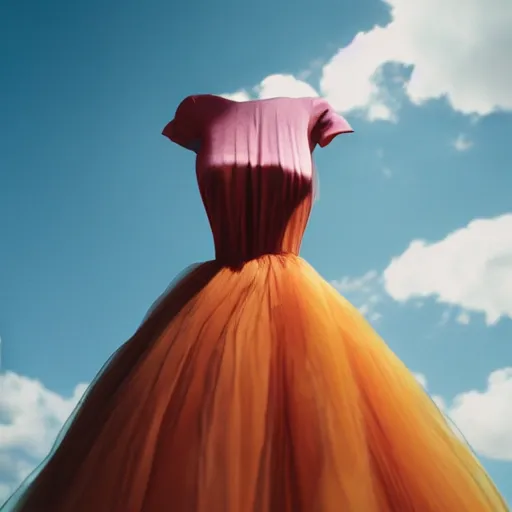 Image similar to realistic! photo of a balenciaga dress, floating in sky, color film photography, 35mm