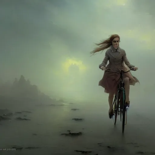 Image similar to cinematic shot epic portrait emma watson riding a bicycle in the streets, atmospheric, cloudy, broad light, ambient occlusion, volumetric light effect, made by ivan aivazovsky, peter mohrbacher, greg rutkowski, ross tran, matte painting, trending on artstation, 4 k, perfectly defined features, digital painting, cinematic, epic, highly detailed,