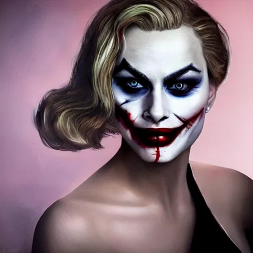 Prompt: beautiful margot robbie with joker makeup, highly detailed, realistic face, digital art