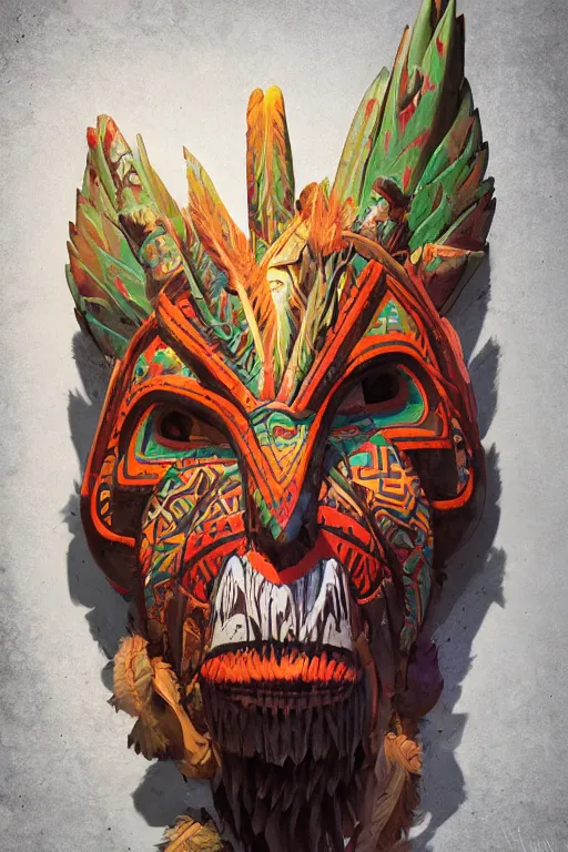 Image similar to totem animal tribal chaman vodoo mask feather gemstone plant wood rock video game illustration vivid color borderlands by josan gonzales and dan mumford radiating a glowing aura