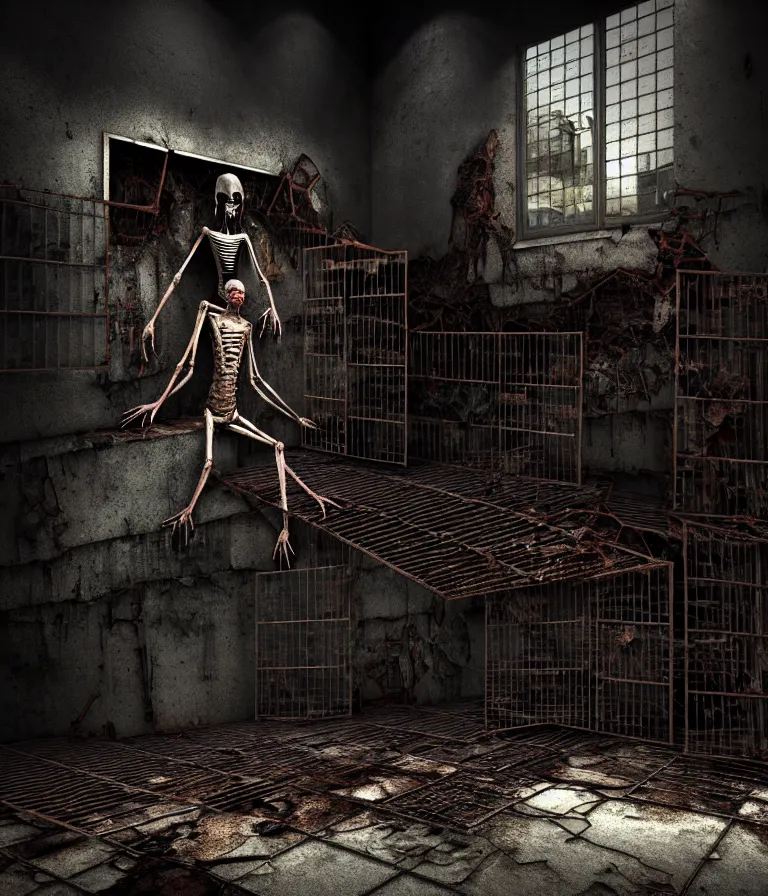 Image similar to Creepy huge suffering humanoid with long limbs sits on the floor and looks at the old TV. An underground very dark gloomy multi-layered structure of rusty thick iron grates, dense chain-link fencing and peeling walls. Inside view, collapsed floors, bent rusted iron, masterpiece, black background, corners, cinematic, hyperdetailed, photorealistic, hyperrealism, octane render, 8k, depth of field, bokeh, architecture, shadows, art by Zdzisław Beksiński, Dariusz Zawadzki