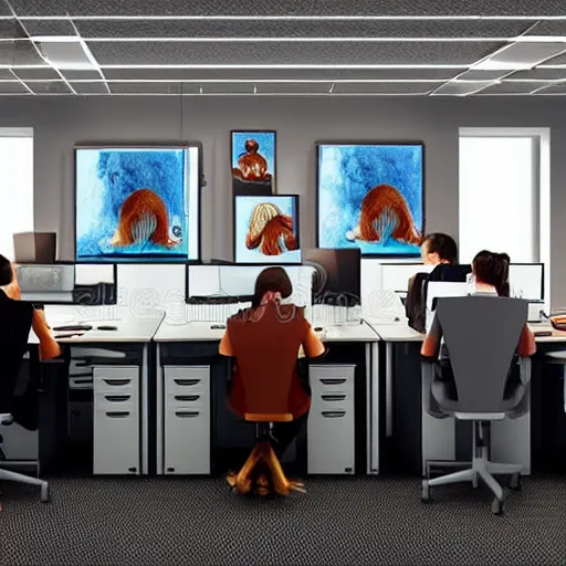 Prompt: 2 5 monkeys using computers, in a well lit office, happy monkey faces, ( ( modern paintings on the walls ) ), photorealistic, studio lighting, stock photo, a real buzz, very busy office, telephones ringing and people chatting