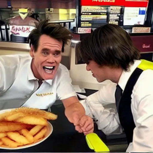 Prompt: jim carrey working at mcdonalds as waiter