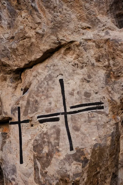 Image similar to 4 k photography of petroglyphs representing crosses, sauwastica, wifi symbol on a cave