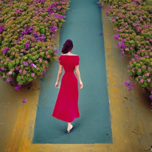 Prompt: giant flower head, woman walking in paris, surreal photography, symmetry, flat space, fanciful, stark colours, detailed, wes anderson