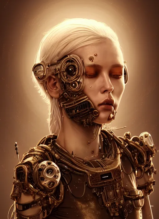 Image similar to soft lustrous hard tech ivory biotech raver gutter punk cyborg bioweapon, golden ratio, details, sci - fi, dark fantasy, cyberpunk, intricate, decadent, ornate, highly detailed, digital painting, octane render, 8 k, artstation, concept art, smooth, sharp focus, illustration, art by artgerm, loish, wlop