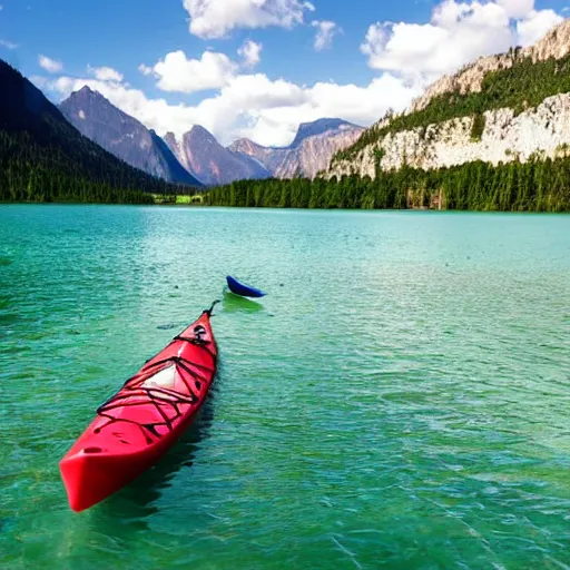 Image similar to a beautiful image of a breathtaking lake with amazing mountains in the background, there is a kayak in the foreground on the beach. landscape image