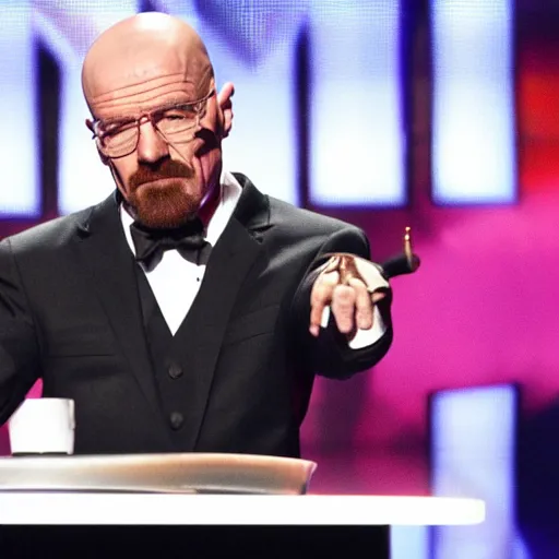 Image similar to walter white performs on america's got talent, film still, live broadcast, trending on twitter