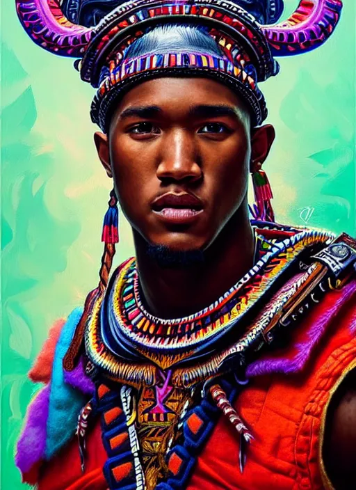 Image similar to portrait of jessie usher, hyper detailed ultra sharp aztec shaman warrior. trending on artstation, warpaint aesthetic, bloodwave, colorful, psychedelic, ornate, intricate, digital painting, concept art, smooth, sharp focus, illustration, art by artgerm and greg rutkowski and h. r. giger, 8 k