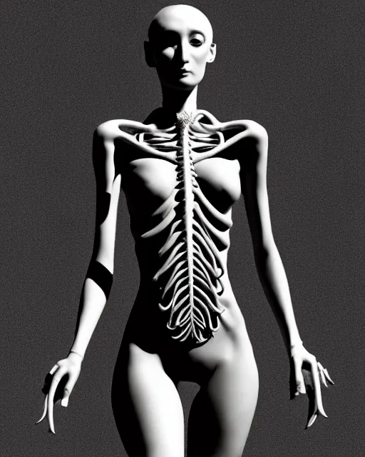 Image similar to a black and white 3D render of an elegant full figure young female angelic-dragon-cyborg with a very long neck, Mandelbrot fractal, anatomical, flesh, facial muscles, veins, arteries, full frame, microscopic, highly detailed, flesh ornate, elegant, high fashion, rim light, 150 mm lens, octane render in the style of H.R. Giger and Man Ray, Realistic, Refined, Digital Art, Highly Detailed, Cinematic Lighting, rim light, photo-realistic Unreal Engine, 8K