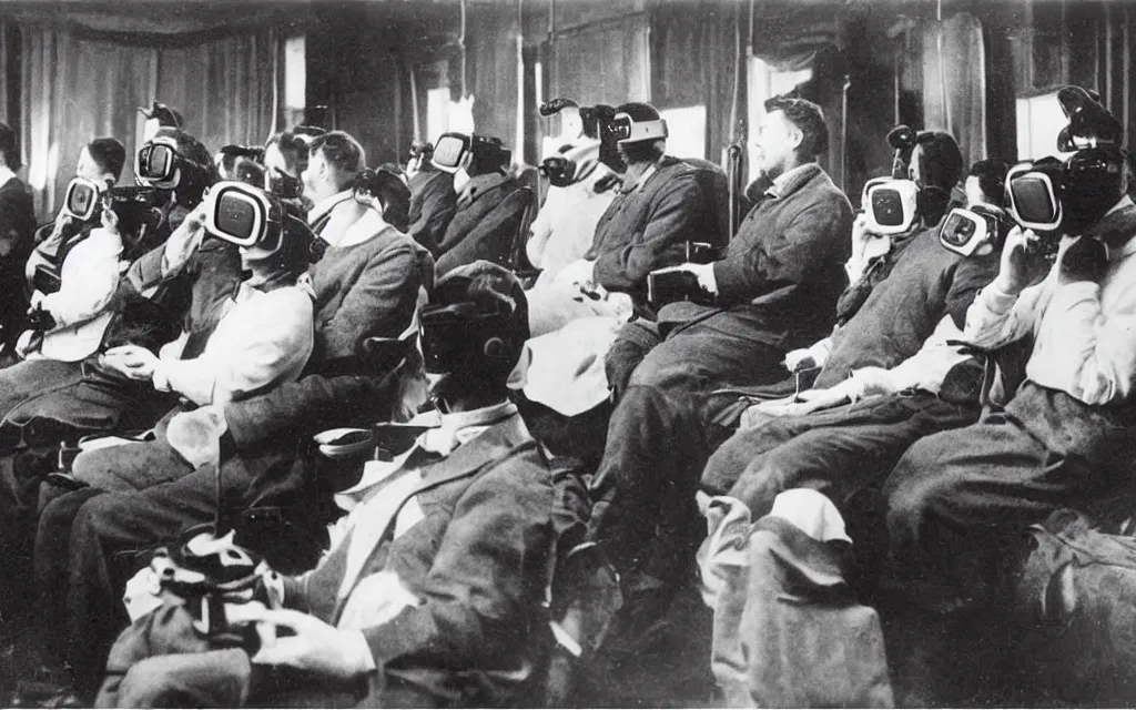 Image similar to 1 9 0 0 s photo of people using iphones ipods virtual reality headsets vr watching hd tv in a movie theater intravenous tube iv in their arms