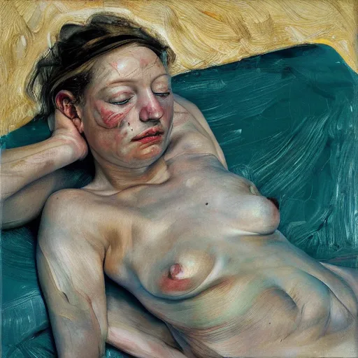 Image similar to high quality high detail painting by lucian freud and jenny saville, hd, daydreaming, turquoise