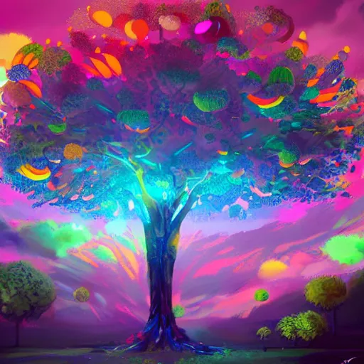Prompt: A luminous tree of colorful fruits in the sky, concept art, digital art, well detailed, trending on artstation, 8k