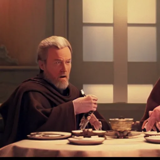 Image similar to Obi Wan Kenobi sits next to chancellor palpatine at a table and dreams tea. Movie Screenshot, Still from Movie, Highly Detailed, High Resolution