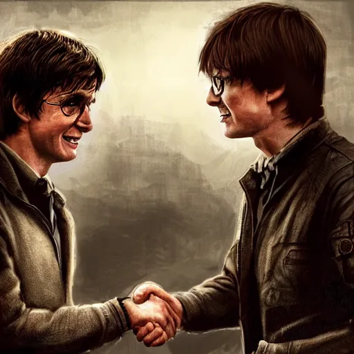 Image similar to tom cruise shaking hands with harry potter, digital art, highly - detailed, artstation cgsociety masterpiece