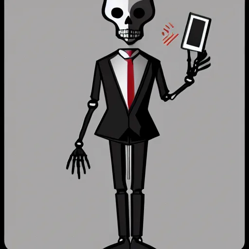 Prompt: an skeleton businessman posing for the camera, angled shot fixing a modem, sharp lines, digital, artstation, colored in