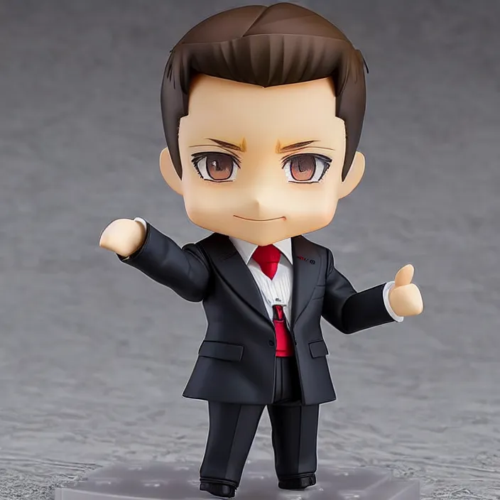 Image similar to a anime nendoroid of elon musk wear giorgio armani suits and black shoe, car tesla 3, figurine, smile, product photo, detailed