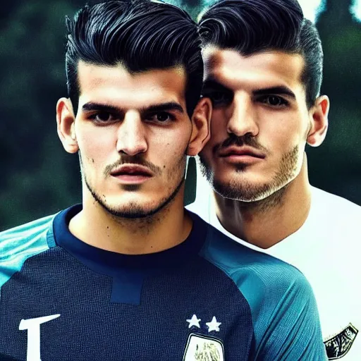 Image similar to a realistic detailed photo of a guy who is an attractive humanoid who is half robot and half humanoid, who is a male android, soccer player alvaro morata, shiny skin, posing like a statue, blank stare, in a living room, on display, showing off his muscles, with a twin