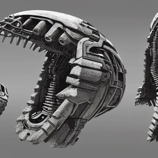 Prompt: medieval scifi tech hardsurface shaped like a fossil, form exploration, big medium small, artstation, colored marker, syd mead, hr giger, concept art