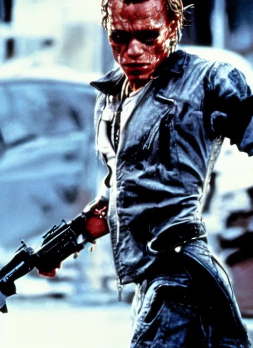 Image similar to film still of Heath Ledger as The Terminator in The Terminator, 4k